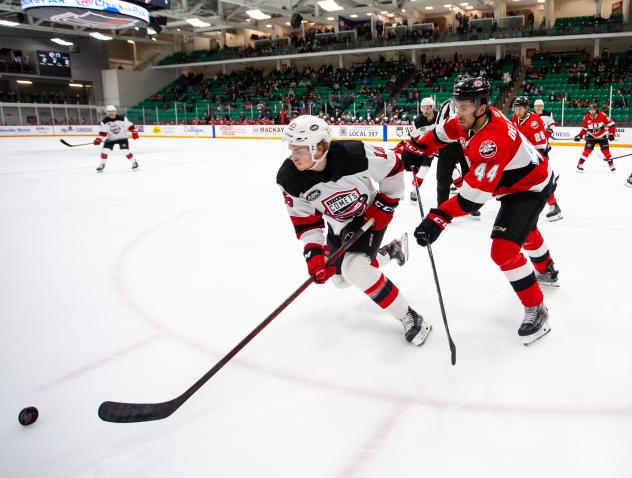 Belleville Senators defenceman Michael Del Zotto (right) vs. the Utica Comets