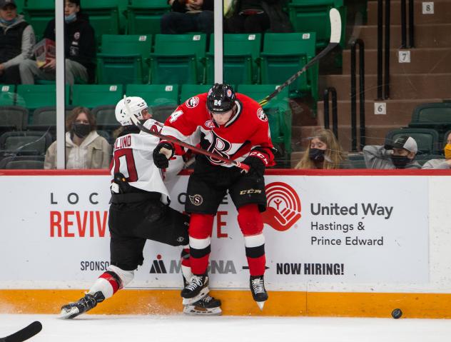 Belleville Senators defenceman Michael Del Zotto (right) up against the boards vs. the Utica Comets
