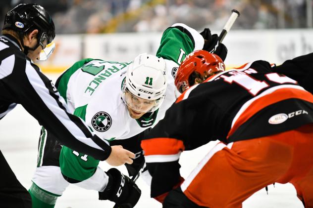 Texas Stars center Joel L'Esperance (left) faces off with the Grand Rapids Griffins