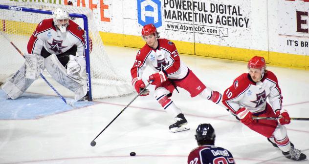 Allen Americans goaltender Daniel Manella and his defense vs. the Tulsa Oilers