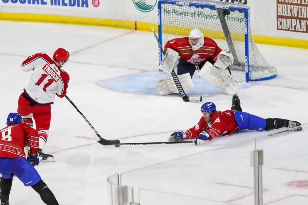 Branden Troock of the Allen Americans readies a shot against the Wichita Thunder