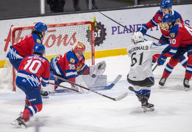 Cam MacDonald of the Saint John Sea Dogs shoots againt the Halifax Mooseheads