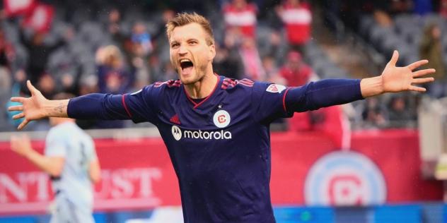 Kacper Przybyłko of Chicago Fire FC reacts after a goal against Sporting Kansas City