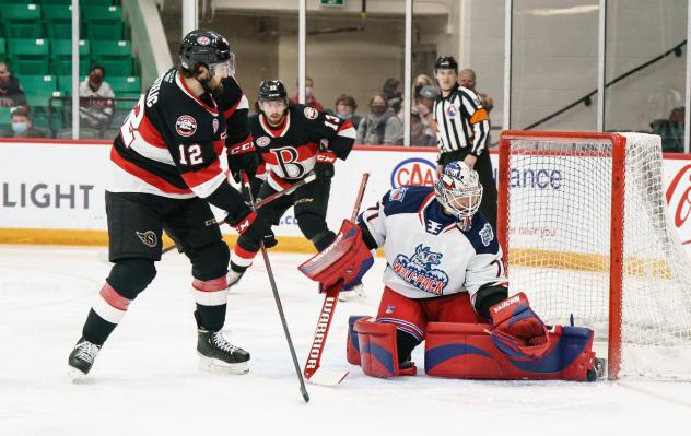 Belleville Senators center Mark Kastelic takes a shot against the Hartford Wolf Pack