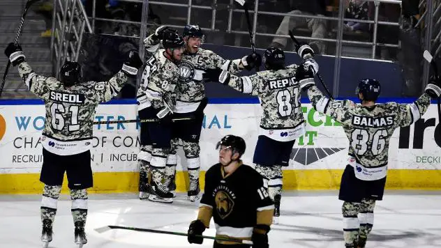 Worcester Railers react after a goal against the Newfoundland Growlers