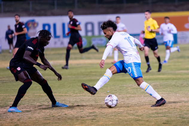Las Vegas Lights FC forward Danny Trejo (right) vs. Phoenix Rising FC