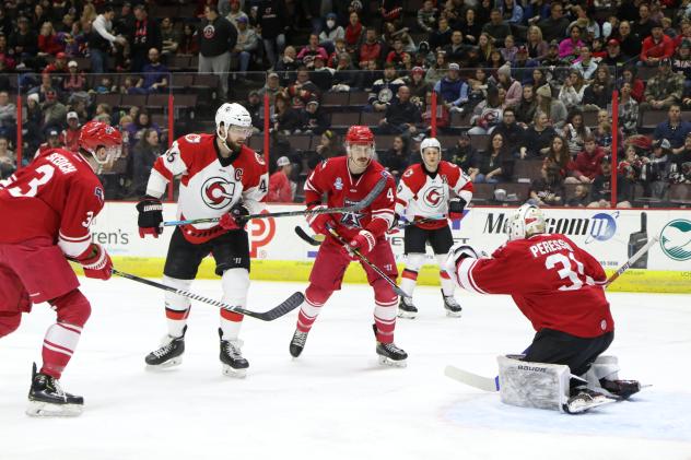 Allen Americans goaltender Luke Peressini makes a save against the Cincinnati Cyclones