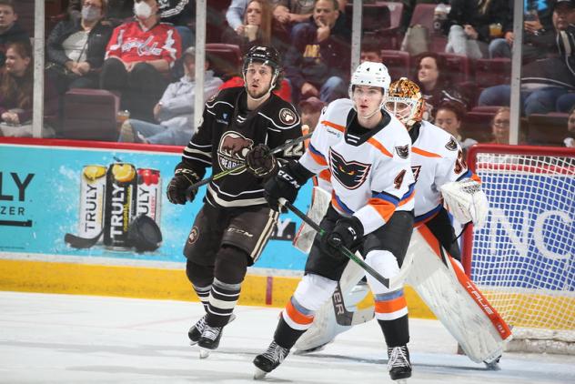 Lehigh Valley Phantoms defenseman Egor Zamula in front of goaltender Felix Sandstrom vs. the Hershey Bears