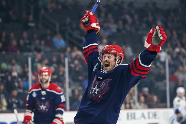 Josh Winquist of the Allen Americans celebrates a goal