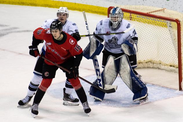 Prince George Cougars left wing Carter MacAdams sets up in front of the Victoria Royals goal