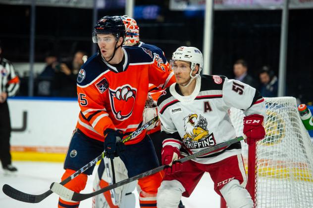 Grand Rapids Griffins center Kyle Criscuolo (right) vs. the Bakersfield Condors