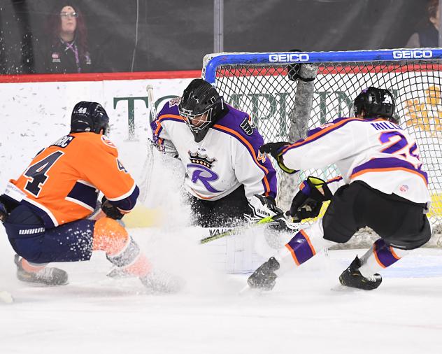 Reading Royals goaltender Hayden Hawkey vs. the Worcester Railers