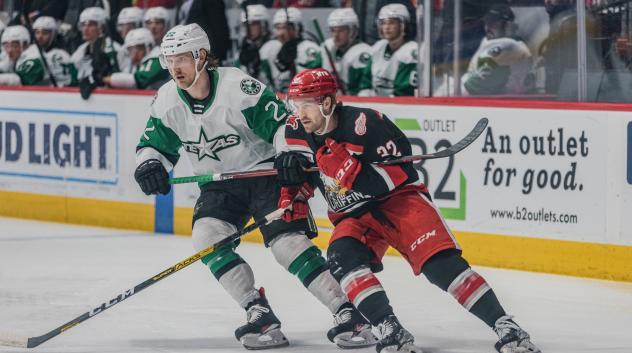 Grand Rapids Griffins center Tyler Spezia (right) vs. the Texas Stars