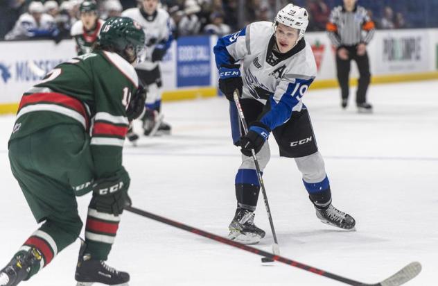 Saint John Sea Dogs centre Philippe Daoust (right) vs. the Halifax Mooseheads