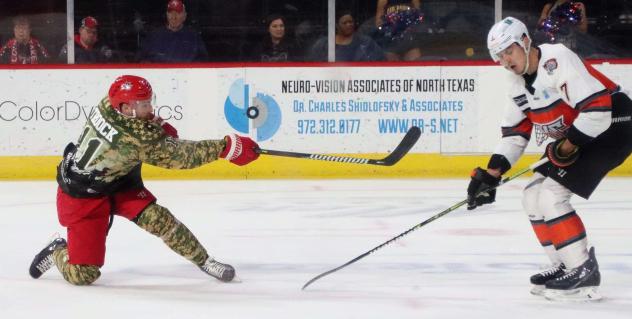 Allen Americans right wing Branden Troock fires a shot against the Kansas City Mavericks