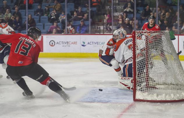 Prince George Cougars right wing Koehn Ziemmer scores vs. the Kamloops Blazers