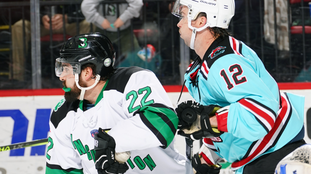 Binghamton Black Bears forward Tyler Gjurich (left) against the Columbus River Dragons