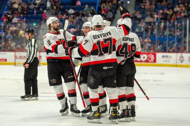 Belleville Senators huddle up after a goal