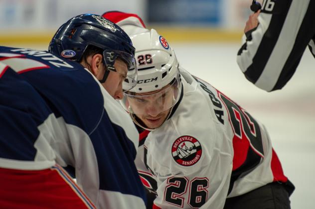 Belleville Senators left wing Andrew Agozzino (right) faces off with the Hartford Wolf Pack