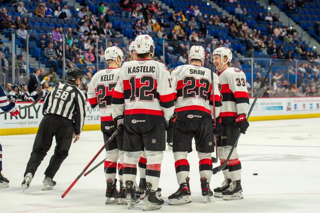 Belleville Senators huddle on the ice