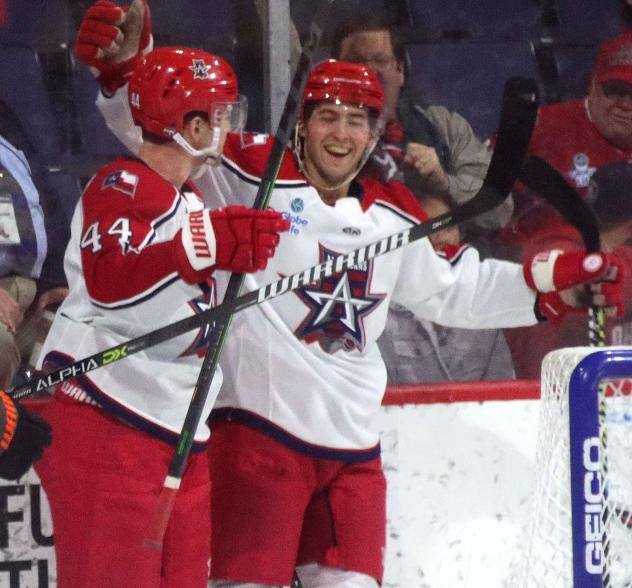 Allen Americans leftw wing Colby McAuley celebrates his goal against the Kansas City Mavericks