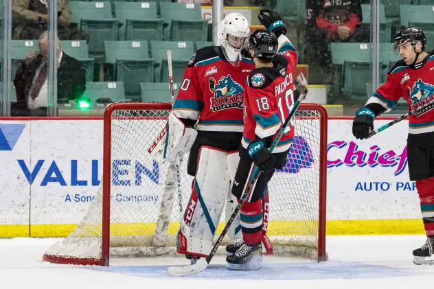 Kelowna Rockets goaltender Jari Kykkanen receives congratulations from right wing Marcus Pacheco