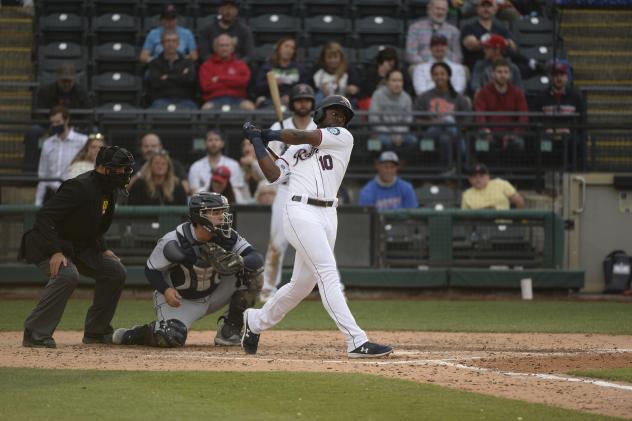 Taylor Trammell of the Tacoma Rainiers takes a big swing
