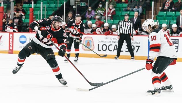 Belleville Senators left wing Matthew Wedman (left) vs. the Utica Comets