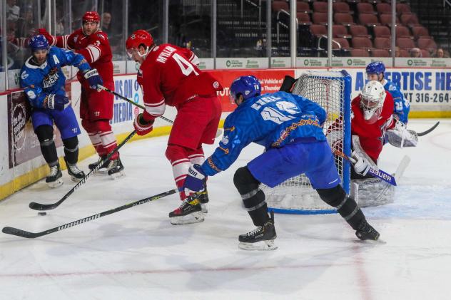 Kris Myllari of the Allen Americans handles the puck vs. the Wichita Thunder