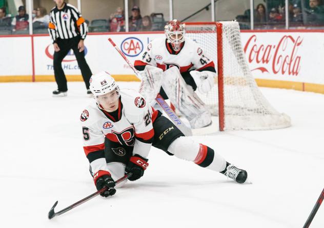 Belleville Senators defenceman Colby Williams and goaltender Michael McNiven