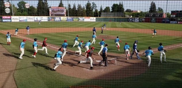 Visalia Rawhide rush the field after their 13-inning win