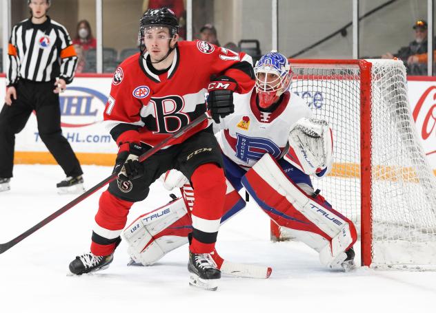 Belleville Senators right wing Zach Senyshyn in front of the Laval Rocket goal