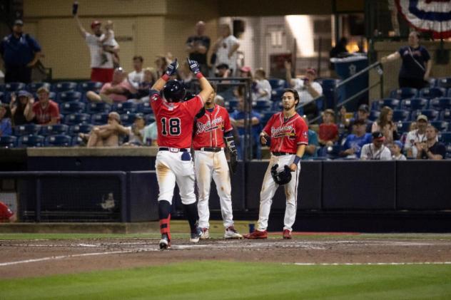 Rome Braves first baseman Landon Stephens comes in to score following his homer