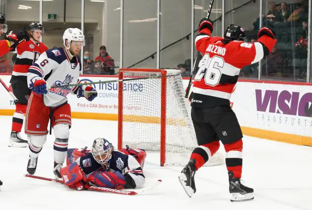 Belleville Senators centre Andrew Agozzino reacts after a goal against the Hartford Wolf Pack