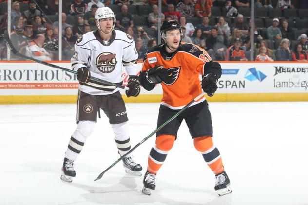 Lehigh Valley Phantoms defenseman Brennan Menell vs. the Hershey Bears