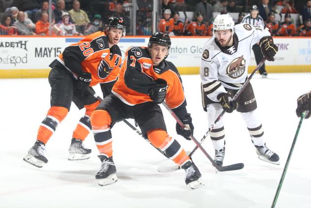 Lehigh Valley Phantoms defenseman Copoper Zech vs. the Hershey Bears