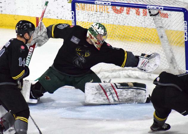 Iowa Heartlanders defend a shot against the Allen Americans