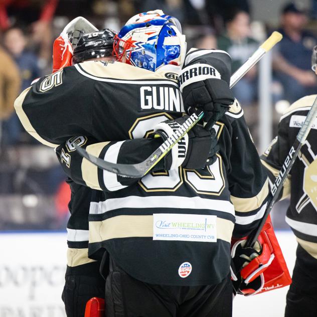 Wheeling Nailers goaltender Louis-Philip Guindon gets a hug