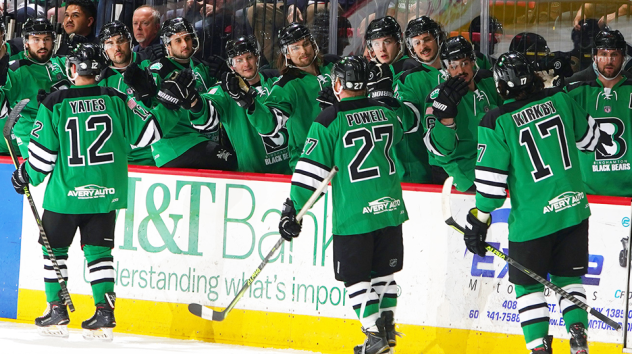 Binghamton Black Bears exchange high fives along the bench