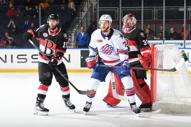Belleville Senators center Clark Bishop and goaltender Filip Gustavsson vs. the Rochester Americans