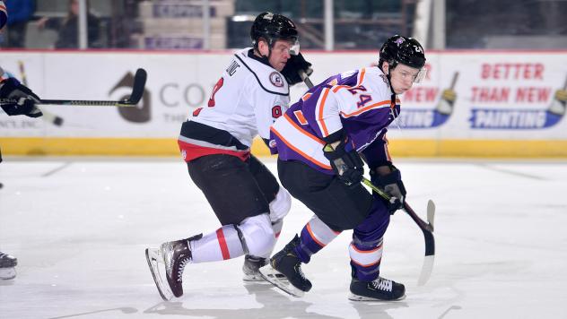 Reading Royals defenseman Mason Millman (right) vs. the Adirondack Thunder