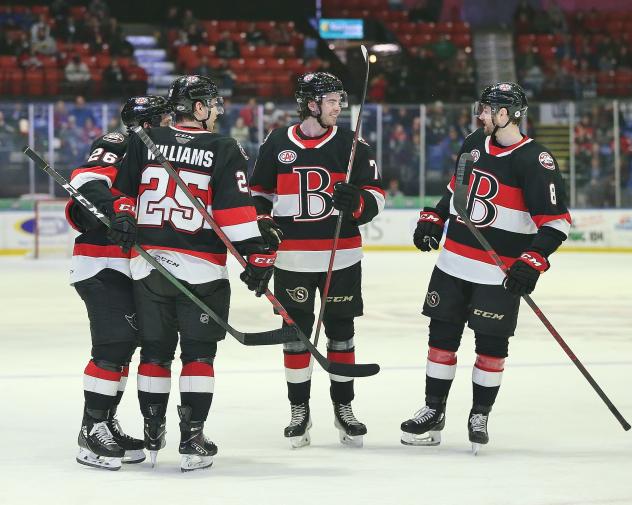 Belleville Senators gather after a goal against the Utica Comets
