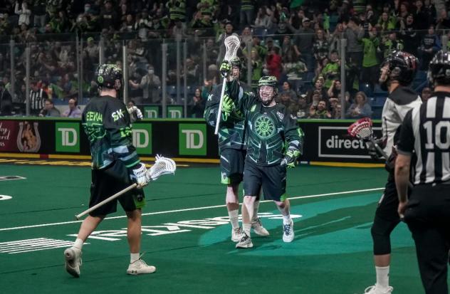 Saskatchewan Rush react after a score against the Colorado Mammoth