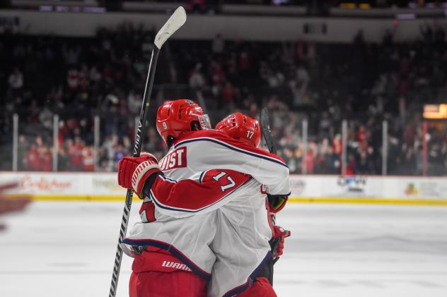 Allen Americans react after a recent game-winning goal against Iowa