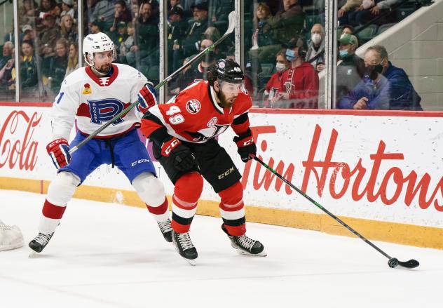 Belleville Senators right wing Scott Sabourin (right) vs. the Laval Rocket