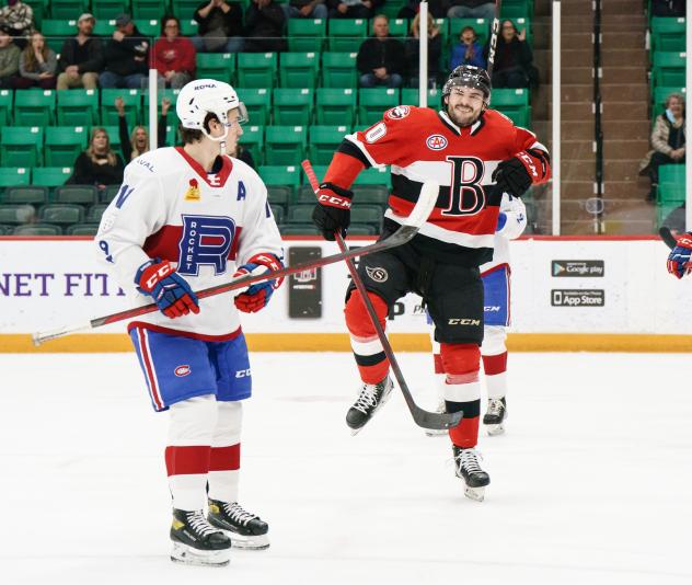 Belleville Senators right left wing Matthew Wedman celebrates vs. the Laval Rocket