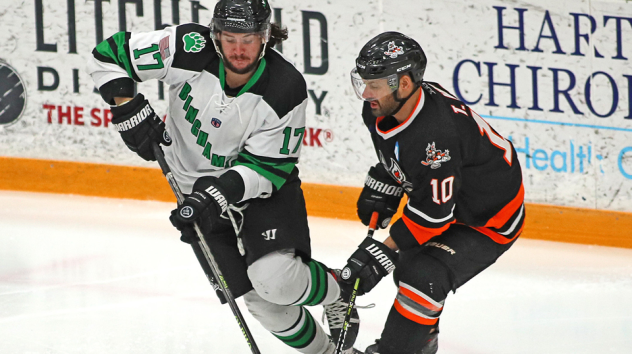 Binghamton Black Bears forward Tyson Kirby (left) vs. the Danbury Hat Tricks
