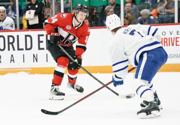 Belleville Senators left wing Roby Jarventie (left) vs. the Toronto Marlies