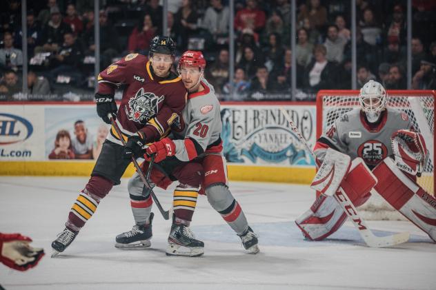 Grand Rapids Griffins defenseman Dan Renouf battles the Chicago Wolves