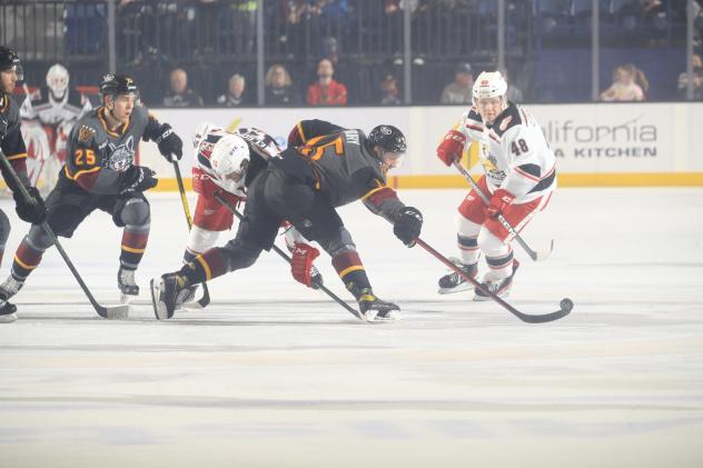 Grand Rapids Griffins left wing Jonatan Berggren (right) vs. the Chicago Wolves